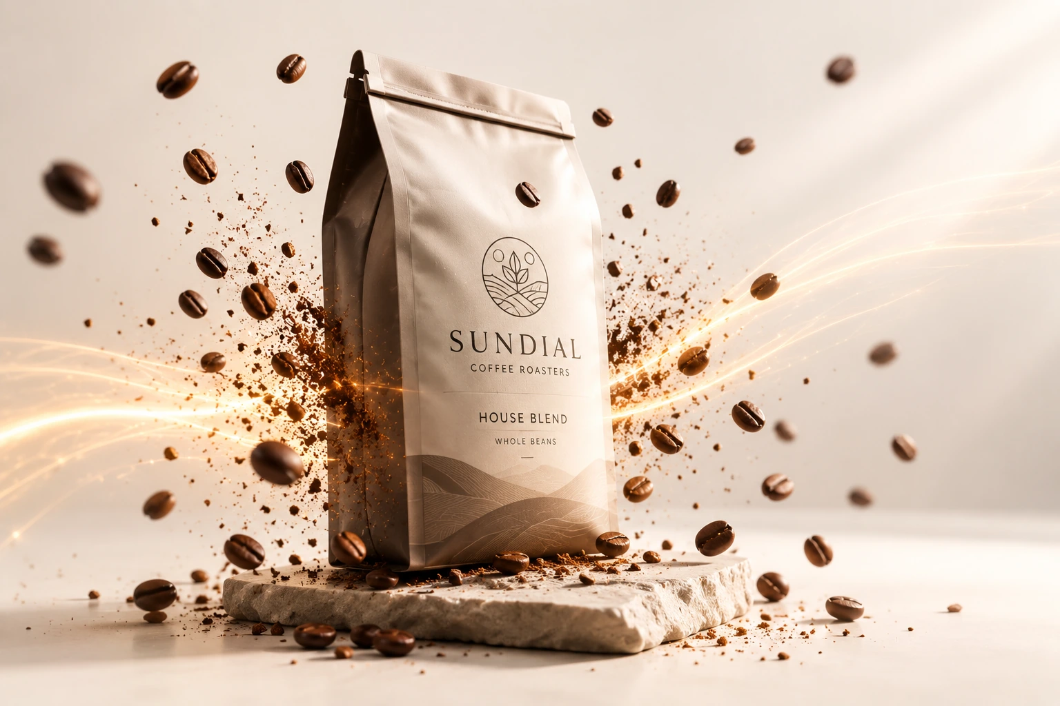 A premium coffee bag on a stone slab with roasted beans suspended in mid-air against a bright, warm studio backdrop.