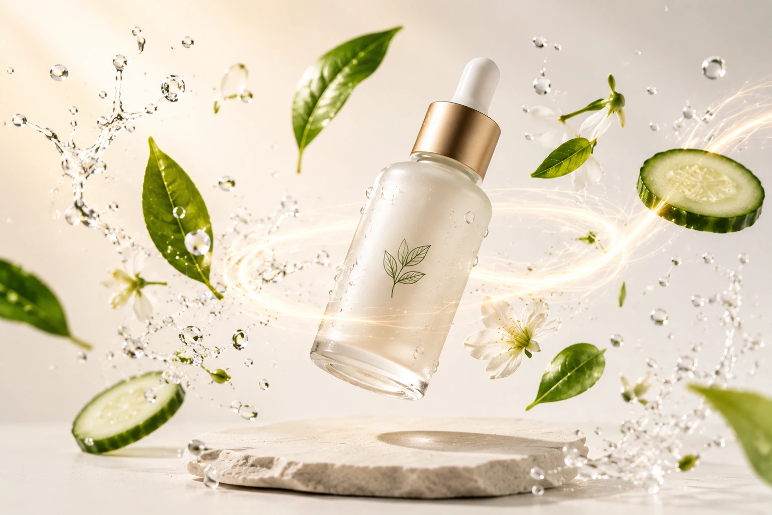 A frosted glass serum bottle floating above a stone slab surrounded by water droplets, green leaves and soft light.