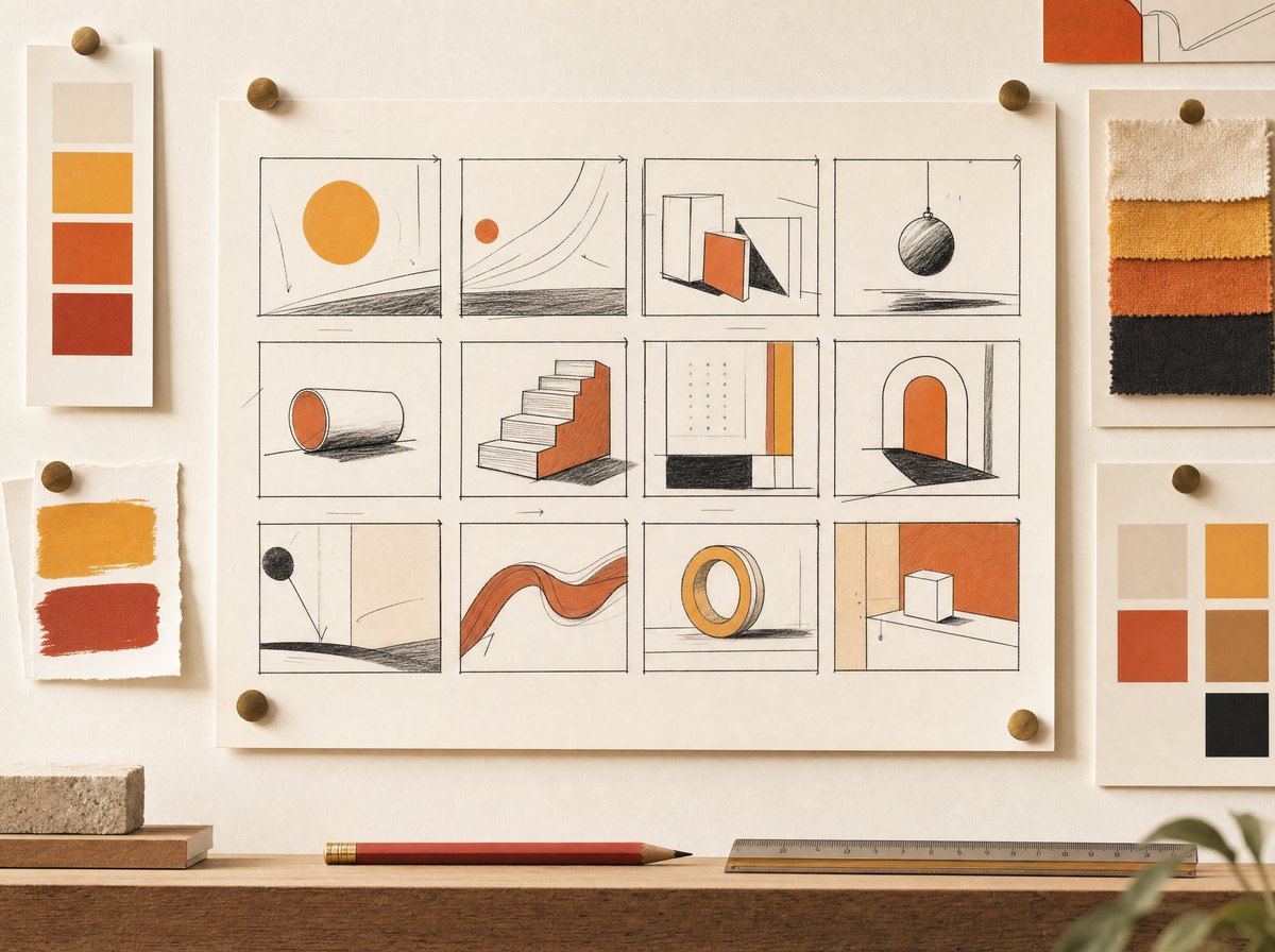 A storyboard pinned to a wall with style swatches and colour palettes