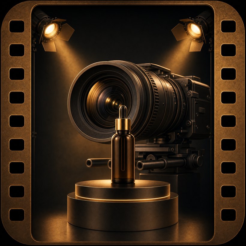 A cinema camera lit on a film set with a product bottle on a pedestal
