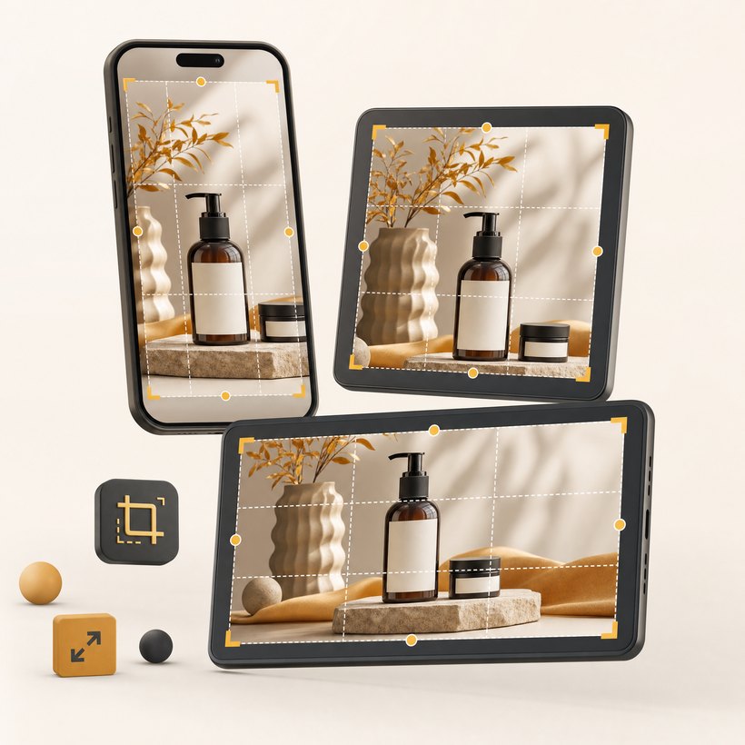 The same product shot framed across a phone and tablet in multiple formats